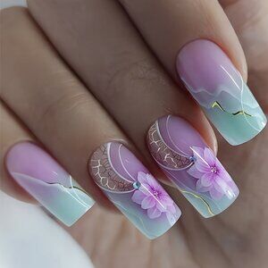 24pcs Set of Long Square Purple Gradient Press-On Nails with Floral Print Design
